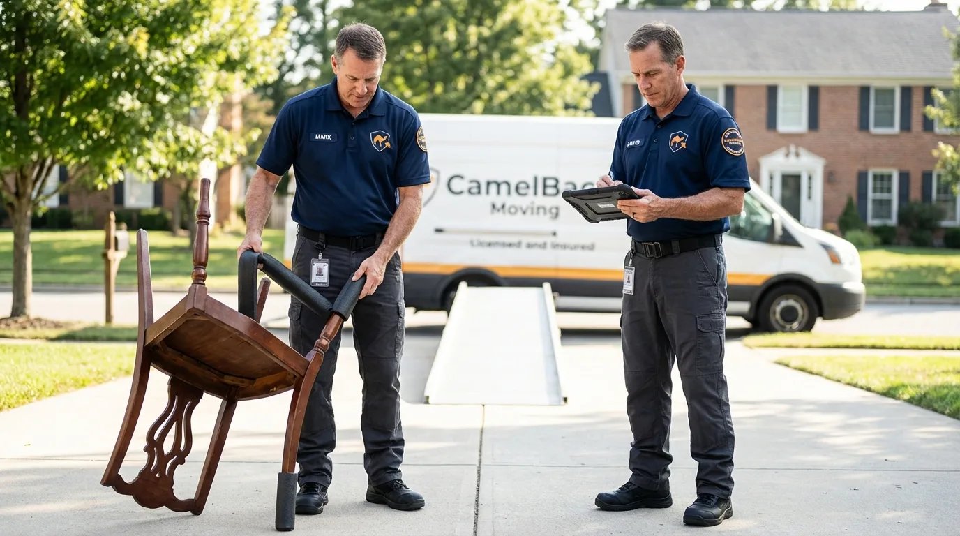 Movers inspecting furniture for damage prevention before loading in Gibsonburg, OH