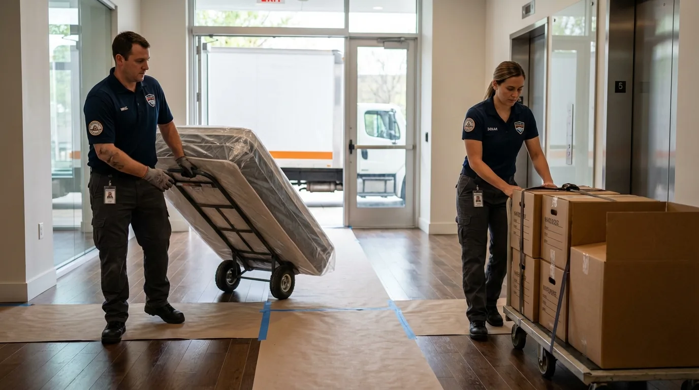 Professional apartment movers loading elevator in Gibsonburg, OH