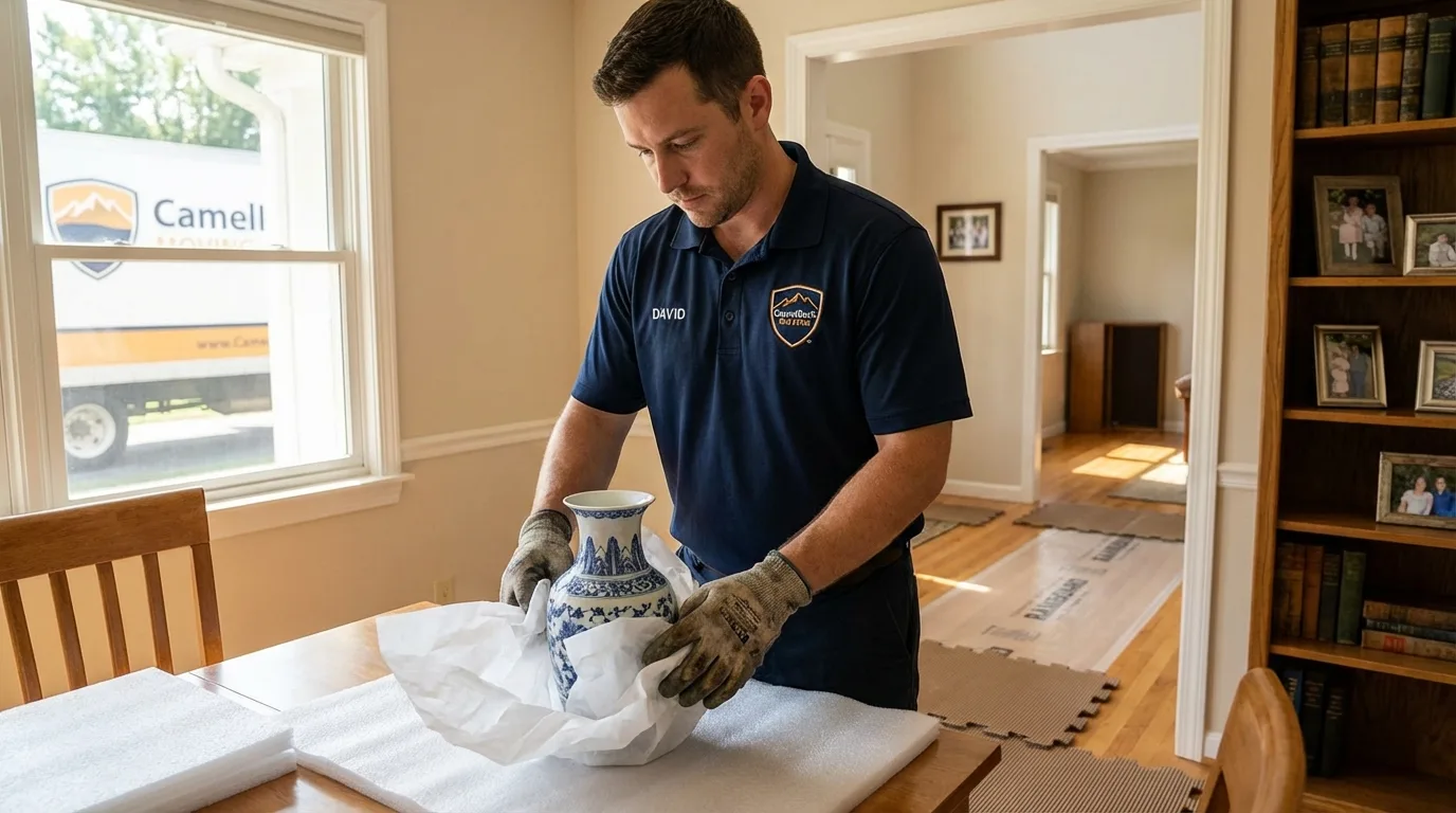 Professional crew carefully wrapping antique vase for senior downsizing move in Gibsonburg, OH